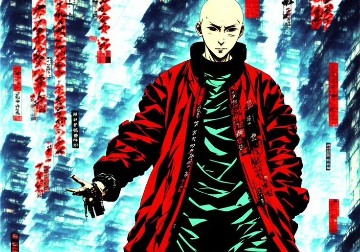 kanji, realistic cyberpunk hacker man kanv5, wearing a cyberpunk trenchcoat, cyberpunk architecture mega city, kan, kanv1, kanv3