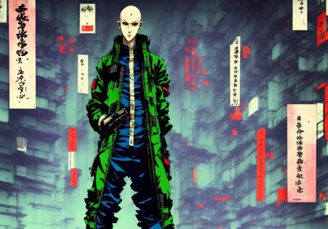 kanji, realistic cyberpunk hacker man kanv6, wearing a cyberpunk trenchcoat, cyberpunk architecture mega city, kanv3