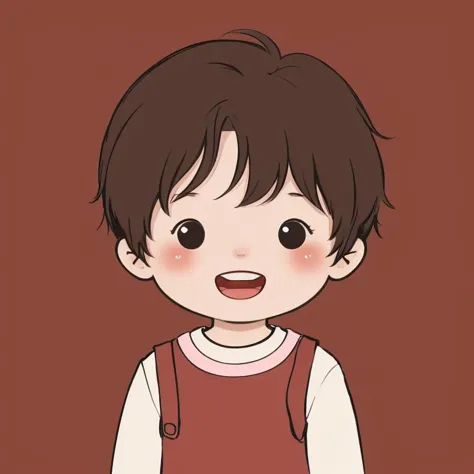 chibi avatar, (1boy:1.1), solo, short hair, looking at viewer, blush, smile, open mouth, red background, brown hair, upper body,...