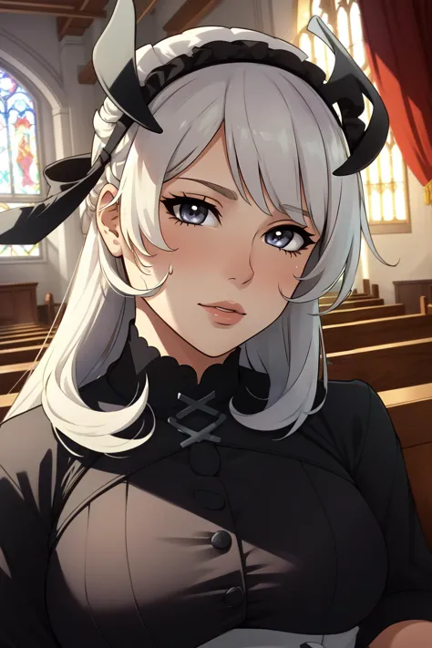 anime girl with horns and a black dress in a church