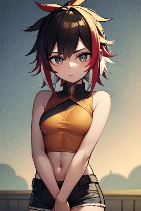 best quality, anime, 2d, beautiful eyes, detailed face,beautiful detailed, human body ratio, detail description of face, sunshine, 
BREAK
, (1girl:1.2), (solo:1.2),corn_yellow hair, red_dirt eyes, (multicolored hair:1.3), messy hair, (small breasts:1.2), (little short:1.2), skinny, road, egyptian mythology, tight_pants, samurai