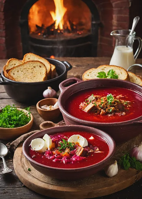 restaurant food, light hot steam, red soupe borscht cooked to perfection, intricate served in a clay pot, nearby stay a sliced l...