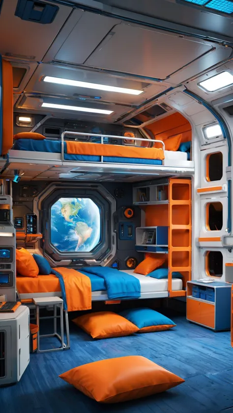 space station interior, module bedroom box, sci - fi panels, colorize accents, orange and blue, with bunk beds, tv, desk, and a ...