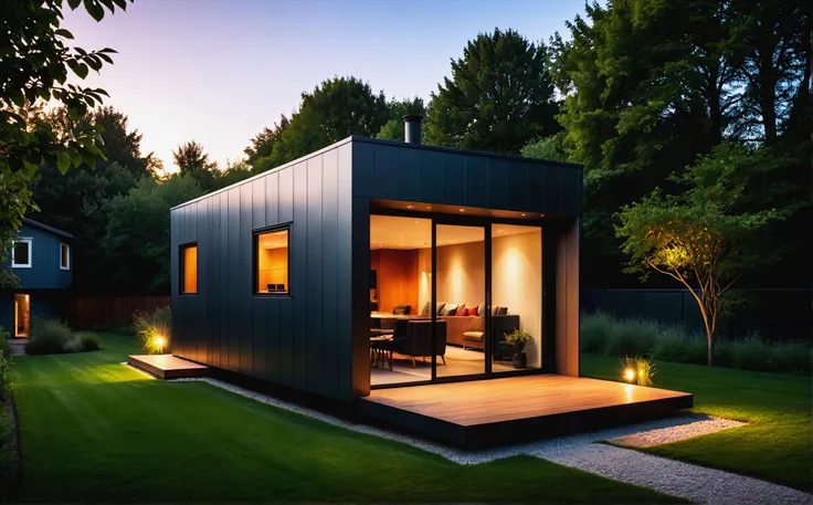 modern urban minihouse in minimalist style, dark gray steel panels, architecture design project, house exterior, people in foreg...