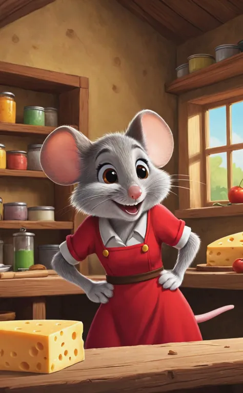 cartoon, line art painting, shaded, cute female mouse at work, indoor, fluffy cheeks, red dress, animation, cartoon network scen...