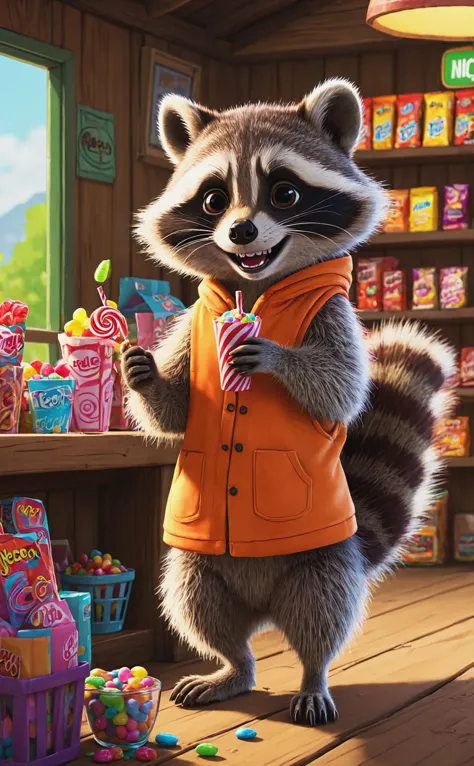 cartoon, line art painting, shaded, cute raccoon character, eating candy in candys shop, casual cloth, indoor, animation, cartoo...