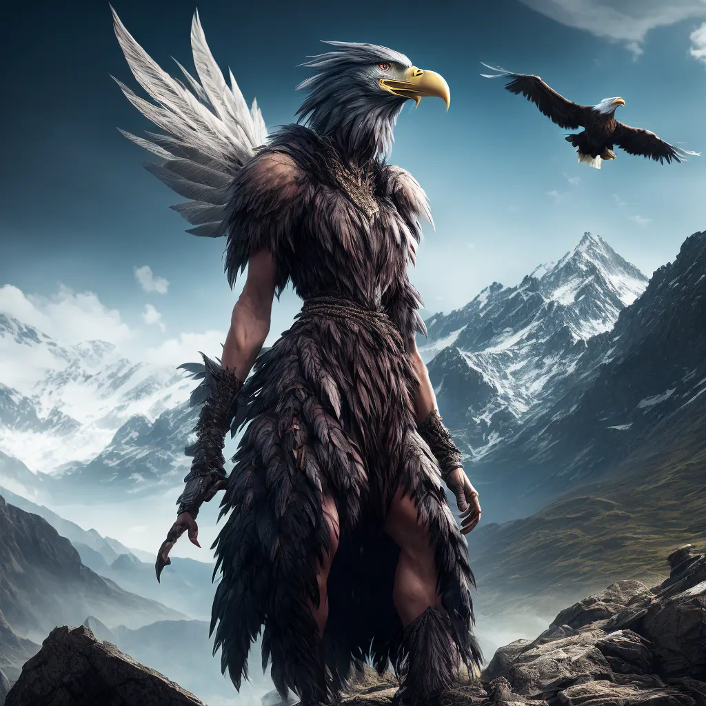 クソッ_SF_v2, 受賞歴のある怪獣の肖像画,
鷲の頭をした女性 (羽根付きLnFドレス:1.2),  
山の背景 , 