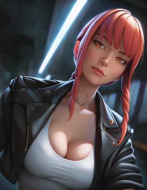 score_9, score_8_up, score_7_up, medium shot,  50mm shot, dutch angle, (makima:1.2), orange eyes, orange hair, leather jacket, medium breasts, deep cleavage, car backseat, headlights, night, warm rim light, street