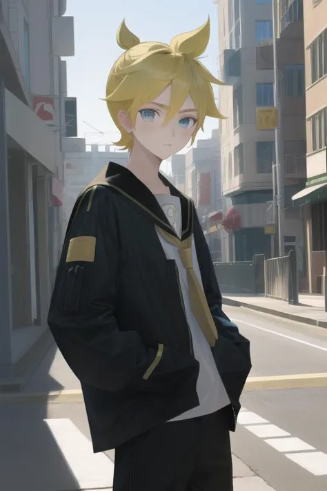 anime boy in a black jacket and tie standing on a city street