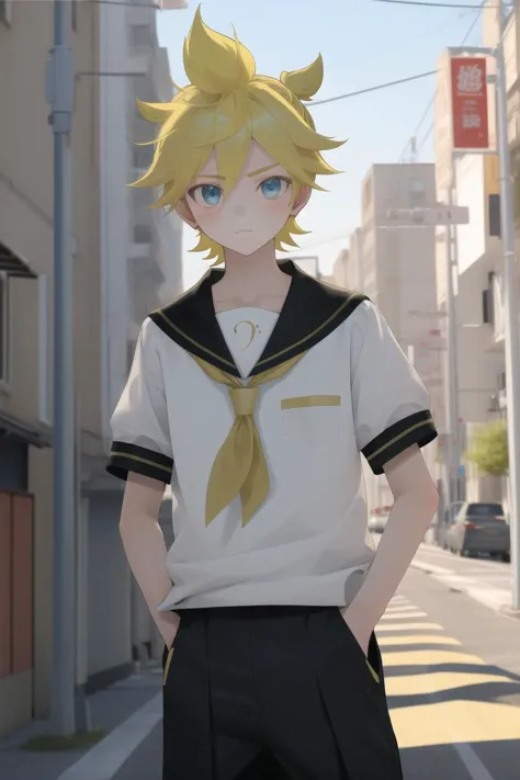 anime character in sailor outfit standing on street corner in urban area