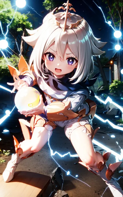 1girl, paimon, genshin impact, white hair, floating crown, white clothes, <lora:paimonGenshinImpact_v10:1> , look at viewer, energy ball, electricity, aura, kamehameha, charging, <lora:Kamehameha_V1-10:1>, outdoors, forest, (daytime:1.5)