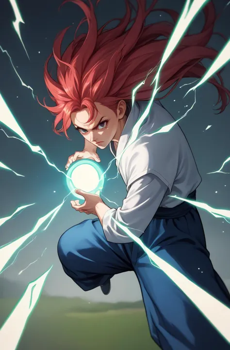 a woman with red hair holding a glowing ball in her hands