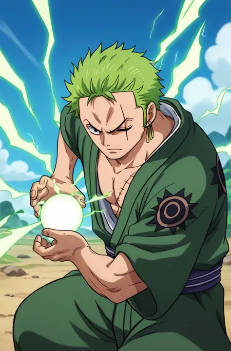 score_9, score_8_up, score_7_up, source_anime,    <lora:kamehameha charge stance:0.9> charge stance, kamehameha charge stance, energy ball, aura, electricity, 1boy,  <lora:Zoro:0.8> zoro, green hair, scar, solo, scar across eye, earrings,  short hair,, japanese clothes, one eye closed, scar on face, scar on chest, kimono