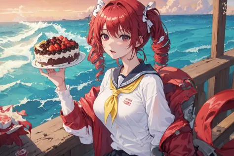 (4k wallpaper, absurdres, fantastic scenery, detailed background:0.7), (ocean, medium breasts, shiny oiled skin, drill hair, <lora:coloredSerafuku_v10:0.9>serafuku, neckerchief, standing, food, cake<lora:cakeAndFood_10:0.4:MIDD>, cut-in, best quality:0.9):0.89