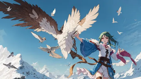 (4k wallpaper, absurdres, fantastic scenery, detailed background, :0.7)(colorful, abstract background, <lora:saya1:0.5:TT>saya \(saya no uta\), flat chest, trooping forward, bird, Snow Bunting, fantasy, fantasy clothes, adventurer, class: dawnstrider, best quality, masterpiece, excellent lighting, sidelighting, beautiful:0.9):0.98