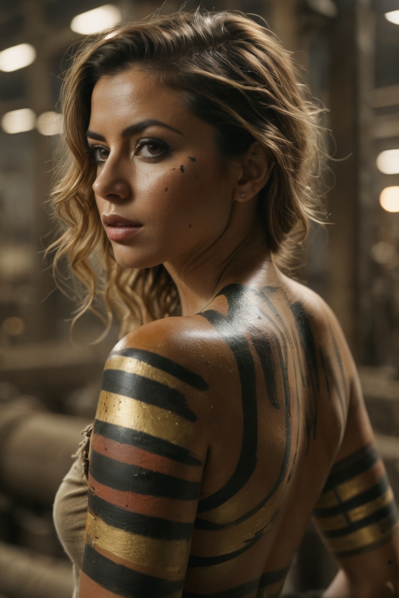 A woman with a tattoo on her back and a body painted with gold - SeaArt AI