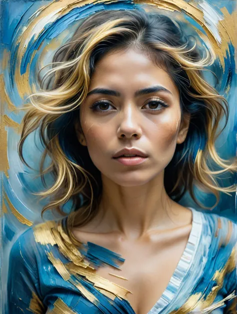 abstract portrait of 1woman, mexican, cinematic, romanticism, fragmented whirlwind visual style, blue and gold color palette, evokes feelings of rebellion, passion, and , blurred boundaries, high resolution, aesthetic
