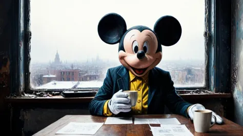 by Albert Angus Turbayne, (Mickey mouse) in a boring office, looming, (staring out window:1.2), holding a coffee mug, desk, (dangerous, mysterious, powerful, extremely beautiful:1.4), (intricate details, masterpiece, best quality:1.4) , in the style of nicola samori, Astral Aura, astral, colorful aura, vibrant energy, looking at viewer <lora:epi_noiseoffset2:0.5> <lora:add-detail-xl:1> <lora:xl_more_art-full_v1:0.5><lora:Dark Art Style NicolaSamori:0.7><lora:LCM&TurboMix:1.0>