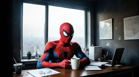 spider - man sitting at a desk with a cup of coffee