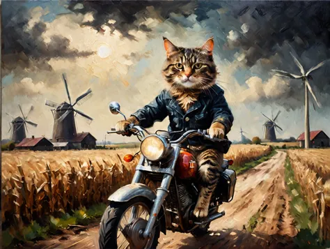 painting of a cat riding a motorcycle on a dirt road