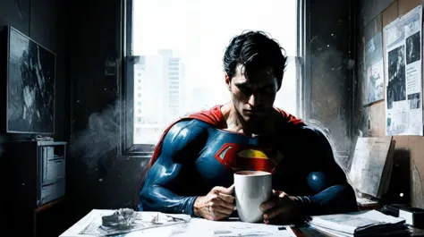 superman is sitting at a table with a cup of coffee