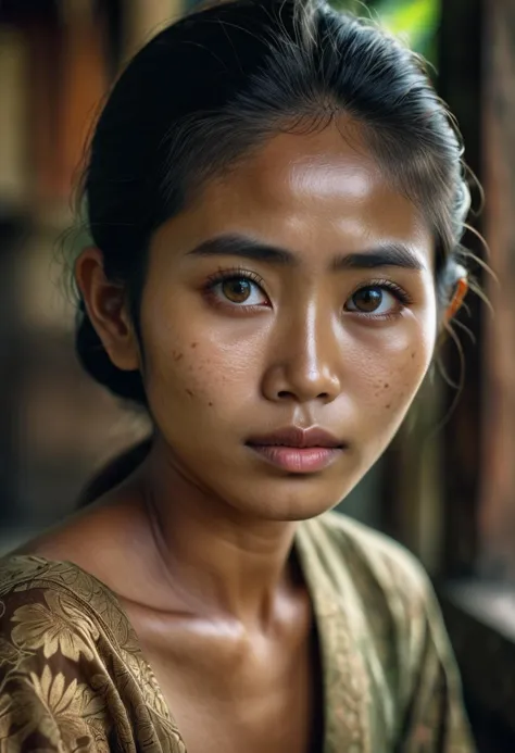 a close up of a woman with a brown shirt and a brown dress