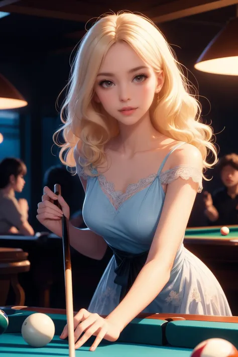 ( detailed realistic background:1),
( official art, beautiful and aesthetic:1 ),
realistic lighting,
cinematic lighting,
hyperrealism,
soothing tones,
muted colors,
high contrast,
soft light,
sharp,
artistic photoshoot,
( cute, petite ),
slender,
european,
pale cheeks,
square face shape with angular jaw,
natural "no-makeup" makeup,
small breasts,
,
platinum blonde hair ,
flowy waves hair  , 
<lora:girllikepoolball_v20:0.8> aim pool ball, both hands holding pool cue, lean on table, bend over, ribbon, lace dress, professional game, night