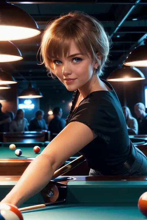 <lora:Macy:.7>, blue eyes, short blonde hair, black blouse, looking serious, smiling, lean on table, holding cue stick, aim pool ball, poo table, bar, neon lighting, high quality, masterpiece,<lora:girllikepoolball_v20:.9>