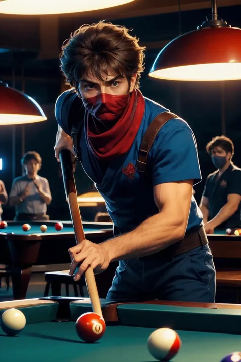 Strider_Hiryu, ninja, brown hair, red mask, scarf, blue dougi, looking serious, lean on table, holding cue stick, aim pool ball, poo table, bar, neon lighting, high quality, masterpiece, 