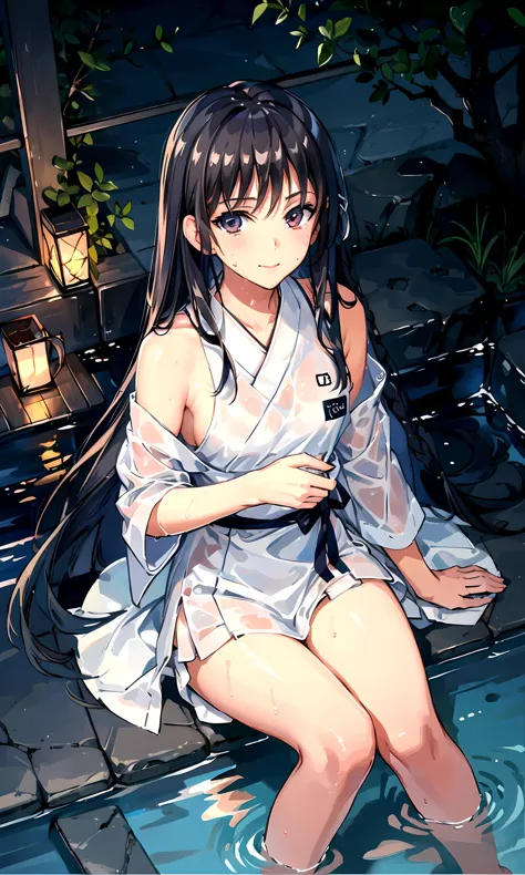 masterpiece, highres, best quality, 1girl solo, sitting, from above, looking at viewer, light smile, wading, wet hair, night, po...