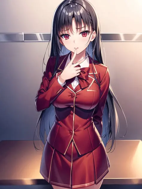<lora:Horikita:0.7>
a woman in red school uniform,black hair, red eyes, classroom
masterpeace, best quality, (extremely detailed CG:1.4), highly detailed faces