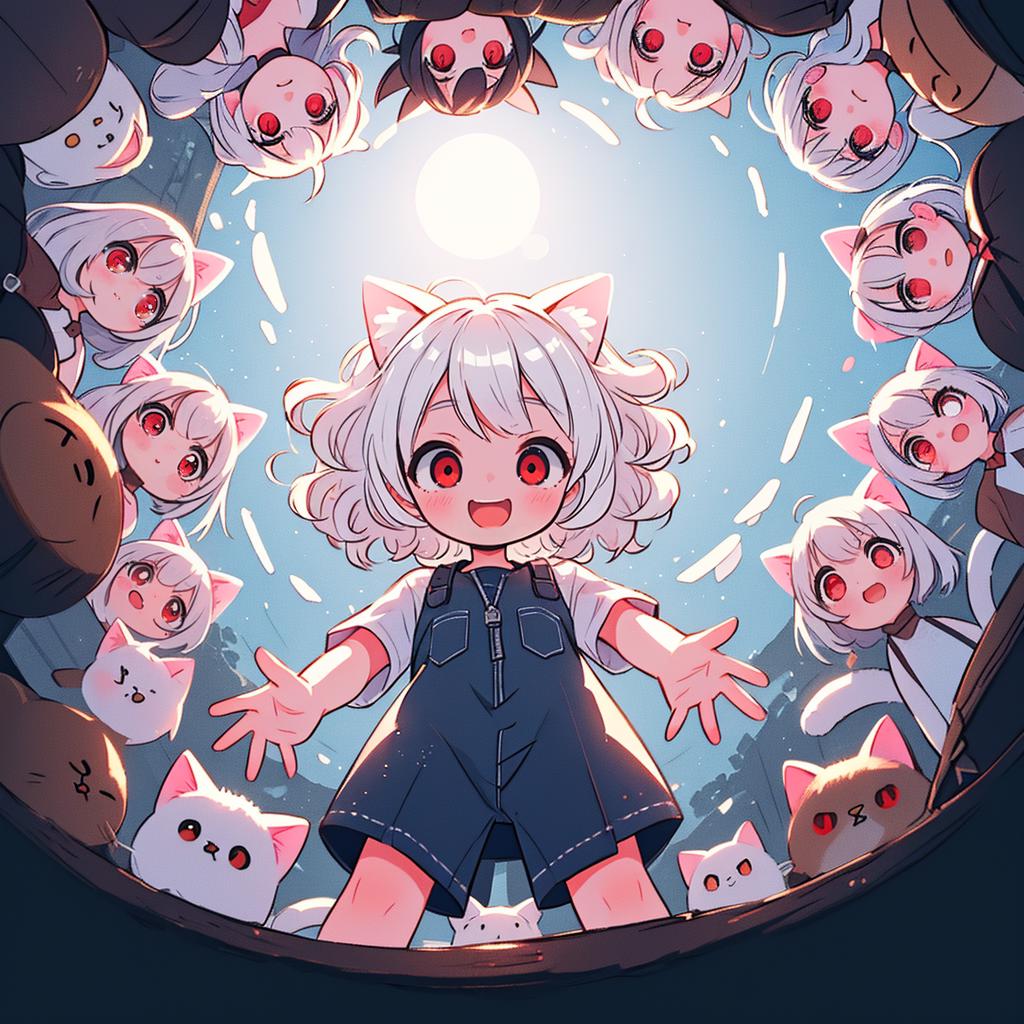 Anime girl surrounded by cats in a circle - SeaArt AI