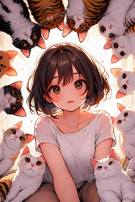 anime girl surrounded by cats