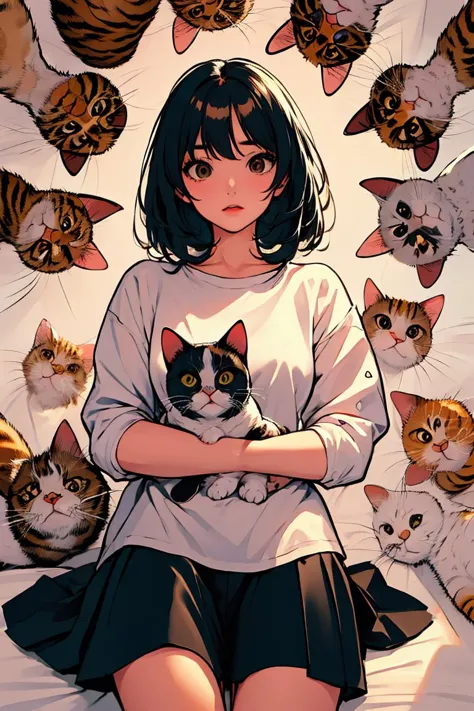 anime girl with a cat in her arms surrounded by cats