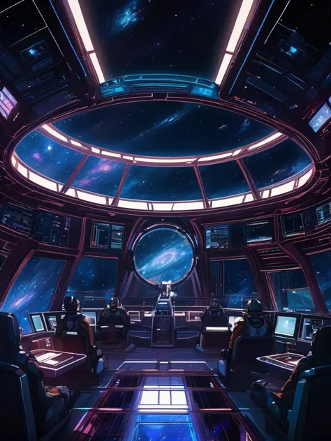 a view of a spaceship room with a large window and a view of the stars