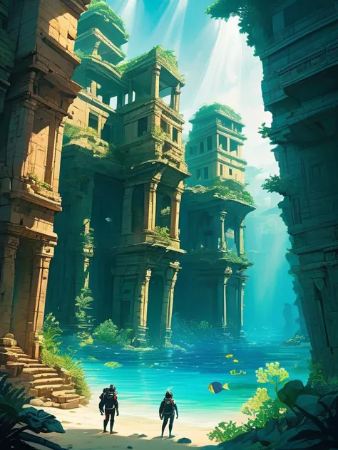 Underwater adventure anime scene of divers exploring an ancient sunken city, with attention to the play of light through the water and the mysterious allure of the ruins, digital composition, trending on ArtStation.,