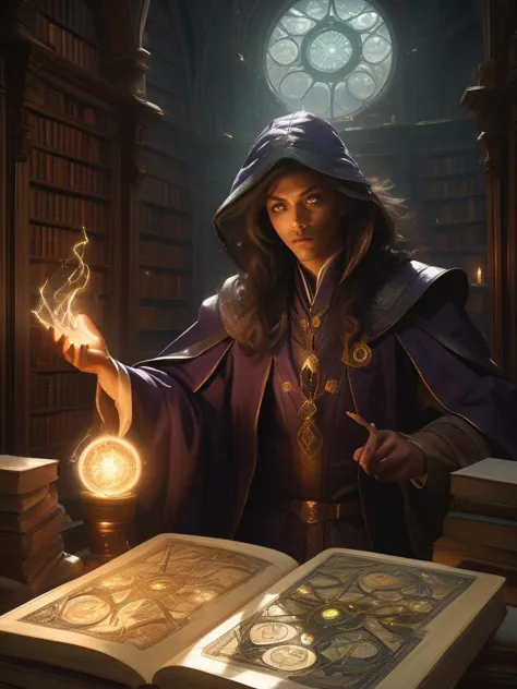 high fantasy anime portrait of a mage with glowing eyes, casting a spell in an ancient library filled with magical tomes, the li...