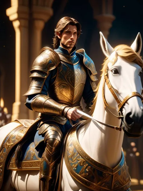 Handsome Knight with detailed armour on Horseback, Cinematic Film Still. 'Muted Naturals' Coloring, stunning lighting. Royal Mood.