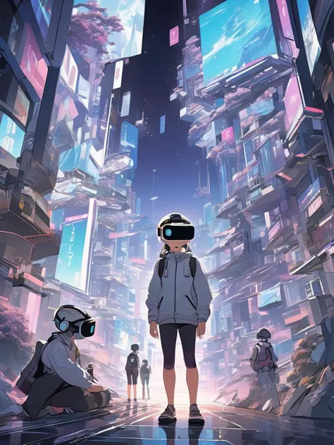 Virtual reality anime scene of players navigating through a digital world, highlighting the blend of real and virtual elements and the excitement of exploration, digital composition, trending on ArtStation.,