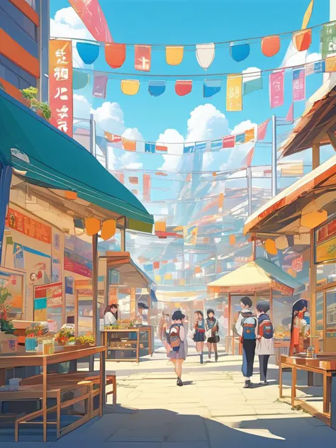 School festival anime scene with students participating in various activities and stalls, showcasing the lively atmosphere and the diverse personalities of the characters, digital composition, trending on ArtStation.,