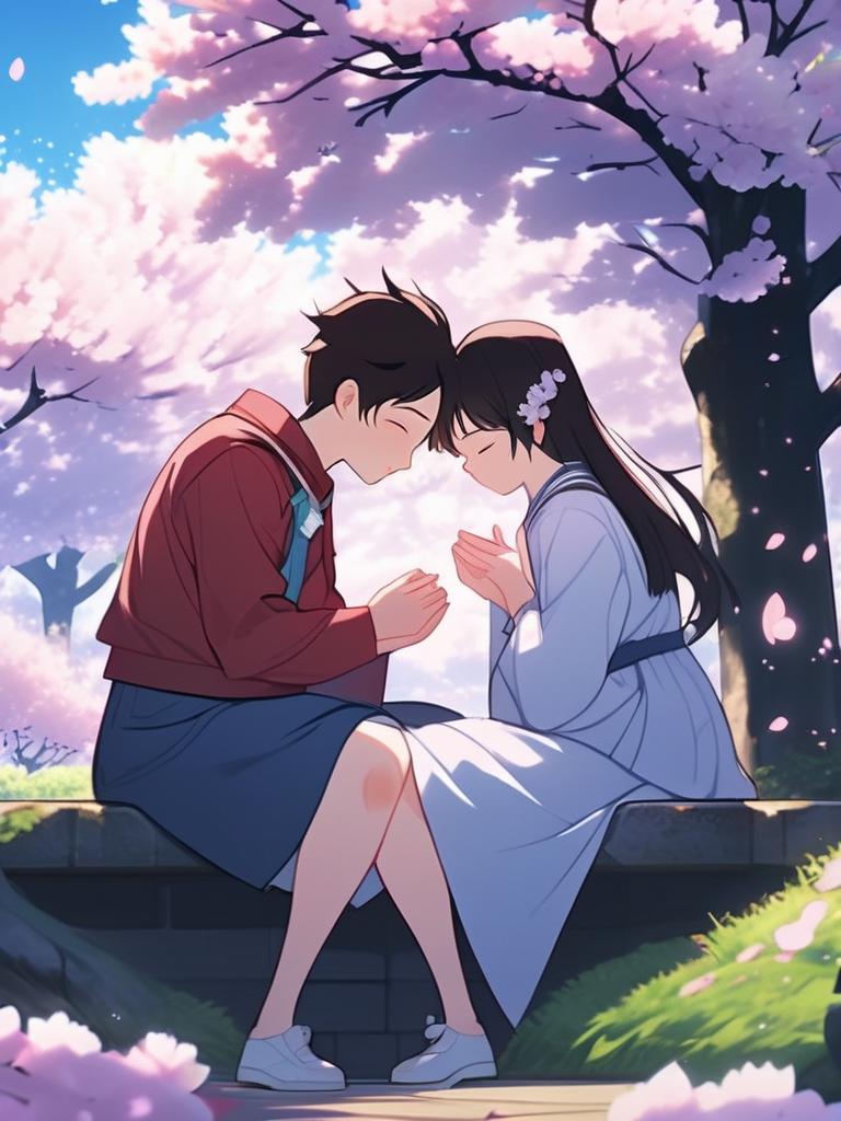 Romantic school anime scene of a shy confession under a blooming cherry  blossom - SeaArt AI