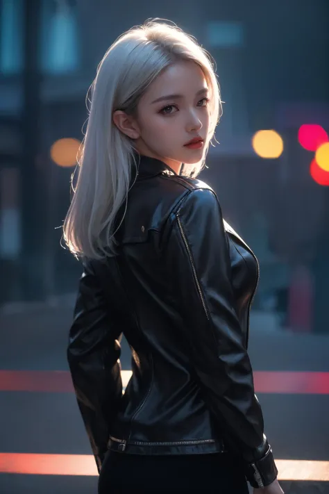 a woman in a black leather jacket standing on a street