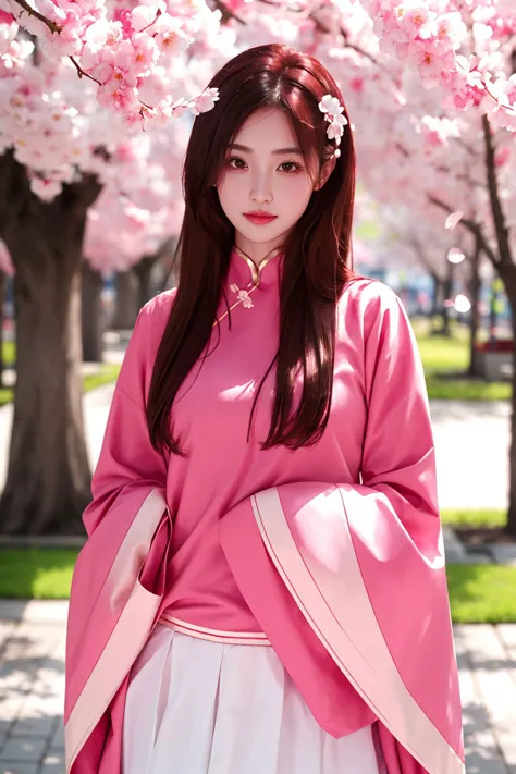 a woman in a pink kimono is standing under a tree