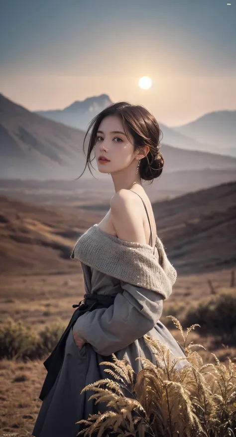 a woman in a gray dress standing in a field with mountains in the background