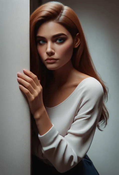 a woman with long red hair leaning against a wall