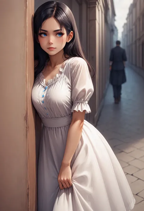 a woman in a white dress leaning against a wall