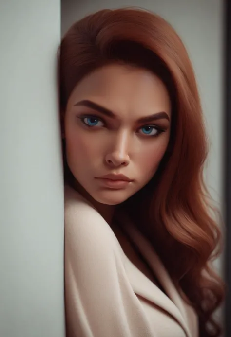 a woman with long red hair and blue eyes leaning against a wall