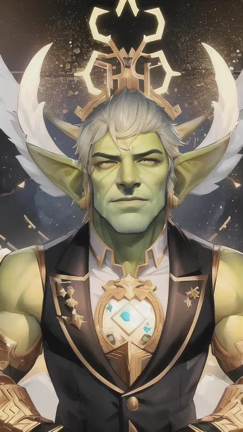 a close up of a person with a green face and a gold crown