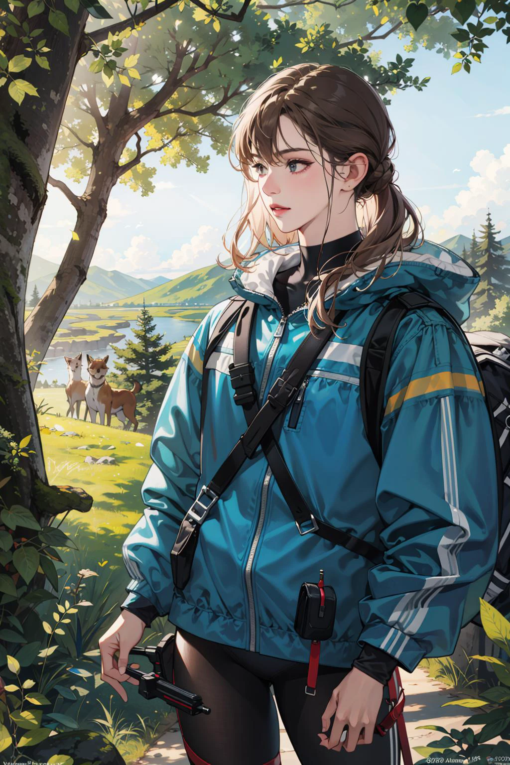(absurdres, highres, ultra detailed), (1girl:1.4, cowboy shot), BREAK hyperrealism, photorealistic detail, incredible accuracy, lifelike textures, masterful technique, jaw-dropping precision, artistic dedication BREAK merged visuals, evocative storytelling, dreamlike atmosphere, creative blending, thought-provoking composition BREAK , hiking, camping, cycling, nature walks, outdoor exploration, physical challenges, connecting with nature