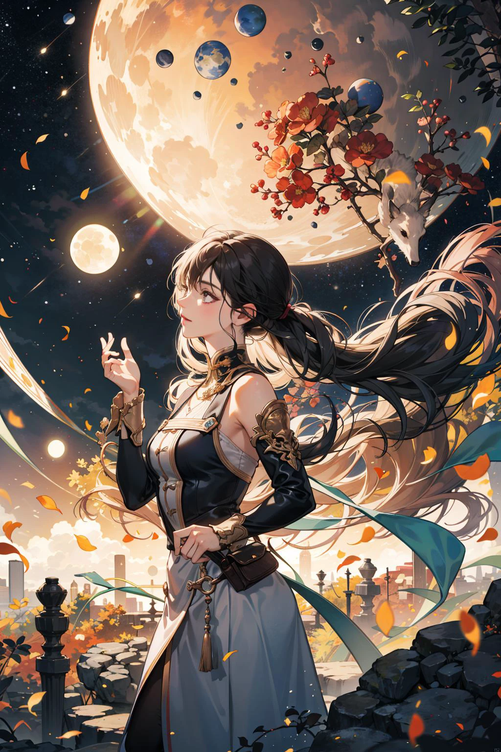 (absurdres, highres, ultra detailed), (1girl:1.4, cowboy shot), BREAK , Illustrate a miniature planet scene, with a tiny world surrounded by a vast cosmos and celestial bodies. BREAK , Illustrate a guardian who resonates with spirits, able to communicate with and summon ethereal beings to assist them in their quest for balance and harmony. BREAK , Create a panoramic image, capturing a wide field of view and showcasing expansive landscapes or cityscapes. BREAK , Create an image of a desolate, distant view, with barren landscapes, dramatic skies, and a sense of isolation. BREAK , Create a lively scene of people dancing, showcasing their passion, rhythm, and connection to the music. BREAK , Illustrate a scene using sepia tones, evoking a sense of nostalgia, warmth, and the passage of time